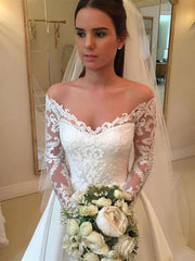 Gorgeous Off-the-shoulder Satin Ball Gown With Appliques Lace and Sweep Train Wedding Dress