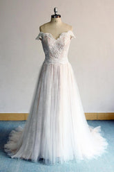Gorgeous Off-the-shoulder Sweetheart Appliques Wedding Dresses A-line Lace Ruffles Bridal Gowns On Sale-27dress