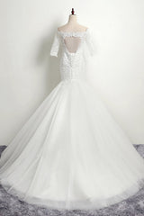 Gorgeous Off-the-Shoulder Tulle Lace Wedding Dress Mermaid Half Sleeves Appliques Beadings Bridal Gowns On Sale-27dress