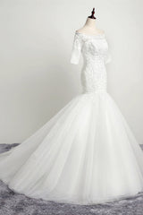 Gorgeous Off-the-Shoulder Tulle Lace Wedding Dress Mermaid Half Sleeves Appliques Beadings Bridal Gowns On Sale-27dress