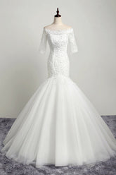 Gorgeous Off-the-Shoulder Tulle Lace Wedding Dress Mermaid Half Sleeves Appliques Beadings Bridal Gowns On Sale-27dress