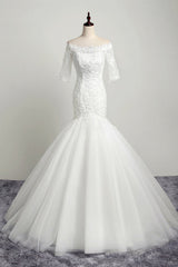 Gorgeous Off-the-Shoulder Tulle Lace Wedding Dress Mermaid Half Sleeves Appliques Beadings Bridal Gowns On Sale-27dress