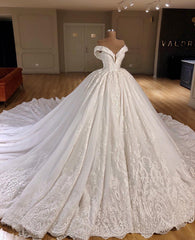 Gorgeous Off-the-shoulder V-neck Lace Wedding Dresses A-line White Ruffles Bridal Gowns With Appliques On Sale-27dress