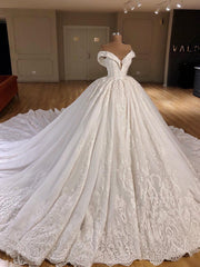 Gorgeous Off-the-shoulder V-neck Lace Wedding Dresses A-line White Ruffles Bridal Gowns With Appliques On Sale-27dress