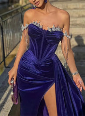 Gorgeous Off-The-Shoulder Velvet Prom Dresses With Split Front Sheath/Column-27dress