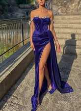 Gorgeous Off-The-Shoulder Velvet Prom Dresses With Split Front Sheath/Column-27dress