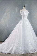 Gorgeous Off-the-Shoulder White Tulle Wedding Dress Lace Appliques Bridal Gowns On Sale-27dress