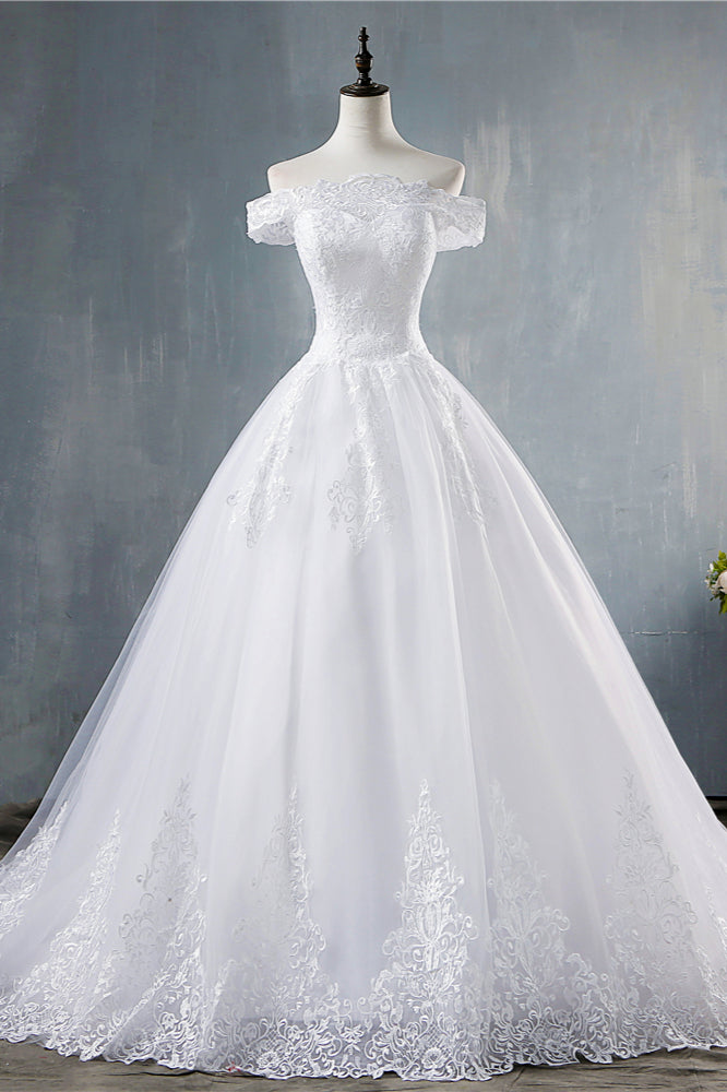 Gorgeous Off-the-Shoulder White Tulle Wedding Dress Lace Appliques Bridal Gowns On Sale-27dress
