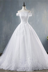 Gorgeous Off-the-Shoulder White Tulle Wedding Dress Lace Appliques Bridal Gowns On Sale-27dress