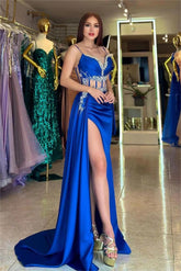 Gorgeous Royal Blue Spaghetti Strap Sleeveless Mermaid Long Split Prom Dress With Beading