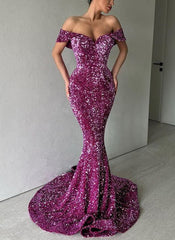 Gorgeous Sequin Sparkly Trumpet/Mermaid Off-The-Shoulder Prom Dresses-27dress