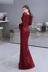 Gorgeous Sequins Long Sleeve V-Neck Mermaid Evening Gowns-27dress