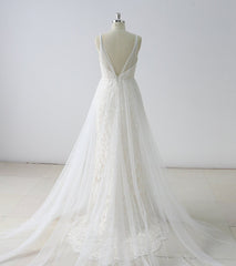 Gorgeous Simple White Lace V-Neck Long Wedding Dress Sleeveless Appliques Bridal Gowns On Sale-27dress