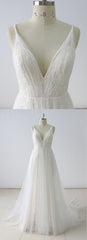 Gorgeous Simple White Lace V-Neck Long Wedding Dress Sleeveless Appliques Bridal Gowns On Sale-27dress