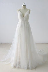 Gorgeous Simple White Lace V-Neck Long Wedding Dress Sleeveless Appliques Bridal Gowns On Sale-27dress