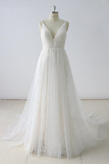 Gorgeous Simple White Lace V-Neck Long Wedding Dress Sleeveless Appliques Bridal Gowns On Sale-27dress