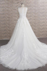 Gorgeous Sleeveless Jewel Tulle Wedding Dresses A-line Ruufles Lace Bridal Gowns With Appliques-27dress