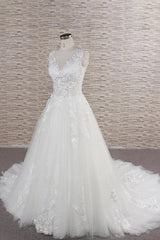 Gorgeous Sleeveless Jewel Tulle Wedding Dresses A-line Ruufles Lace Bridal Gowns With Appliques-27dress