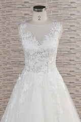 Gorgeous Sleeveless Jewel Tulle Wedding Dresses A-line Ruufles Lace Bridal Gowns With Appliques-27dress
