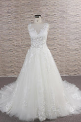 Gorgeous Sleeveless Jewel Tulle Wedding Dresses A-line Ruufles Lace Bridal Gowns With Appliques-27dress