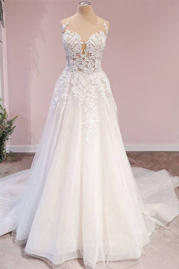 Gorgeous Sleeveless Tulle Wedding Dress With Lace Appliques-27dress