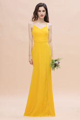Gorgeous Spaghett Straps V-Neck Chiffon Lace Bridesmaid Dress Online-27dress