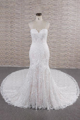 Gorgeous Spaghetti Straps Mermaid Wedding Dresses With Appliques Ivory Sleeveless Bridal Gowns Online-27dress