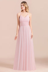 Gorgeous Spaghetti Straps Ruffle Pink Chiffon Bridesmaid Dress Affordable-27dress