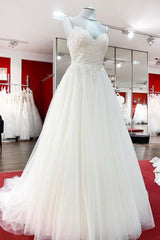 Gorgeous Spaghetti Straps Tulle Ivory Lace Wedding Dresses-27dress