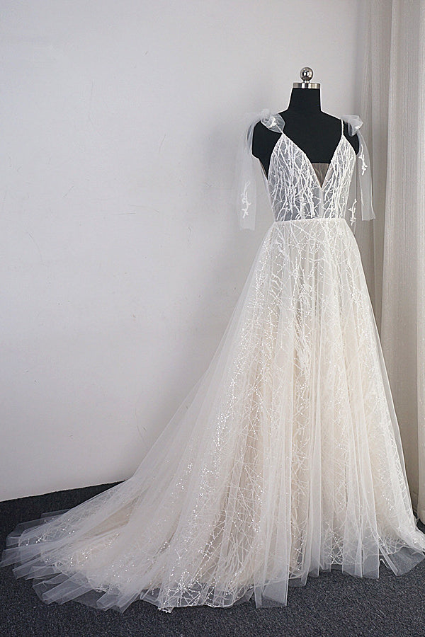 Gorgeous Spaghetti Straps Tulle Wedding Dress Beading V-Neck Sleeveless Bridal Gowns Online-27dress