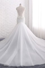 Gorgeous Spaghetti Straps V-Neck Mermaid Wedding Dress White Lace Appliques Sleeveless Bridal Gowns Online-27dress