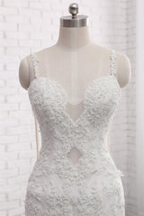 Gorgeous Spaghetti Straps V-Neck Mermaid Wedding Dress White Lace Appliques Sleeveless Bridal Gowns Online-27dress