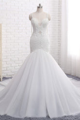 Gorgeous Spaghetti Straps V-Neck Mermaid Wedding Dress White Lace Appliques Sleeveless Bridal Gowns Online-27dress
