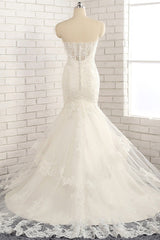 Gorgeous Strapless Sleeveless Lace Tulle Wedding Dress Sweetheart Appliques Mermaid Bridal Gowns Online-27dress