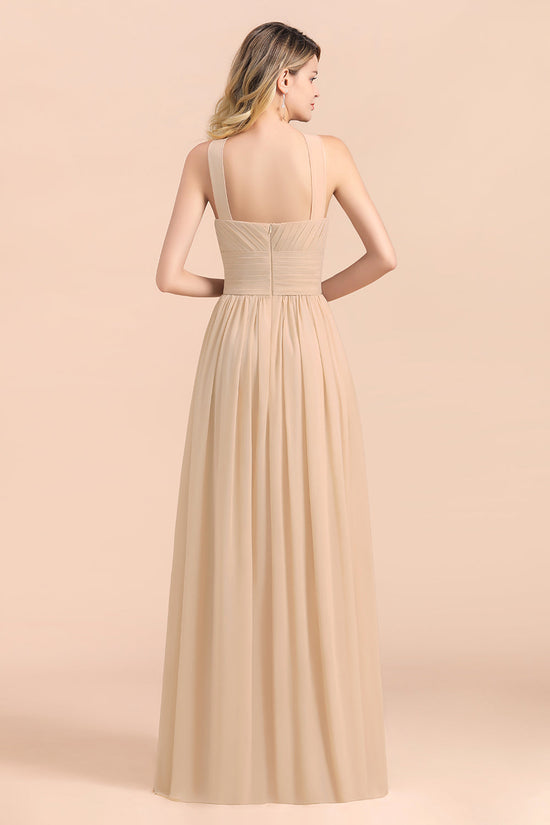 Gorgeous Straps Sleeveless Champagne Chiffon Affordable Bridesmaid Dresses Online with Ruffle-27dress