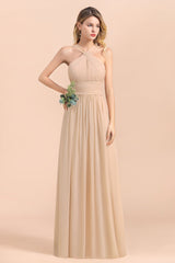 Gorgeous Straps Sleeveless Champagne Chiffon Affordable Bridesmaid Dresses Online with Ruffle-27dress