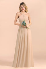 Gorgeous Straps Sleeveless Champagne Chiffon Affordable Bridesmaid Dresses Online with Ruffle-27dress