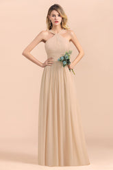 Gorgeous Straps Sleeveless Champagne Chiffon Affordable Bridesmaid Dresses Online with Ruffle-27dress