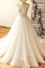 Gorgeous Straps Sleeveless Tulle Wedding Dresses A-line Appliques Lace Bridal Gowns On Sale-27dress