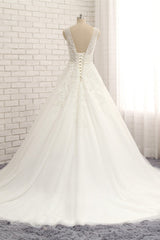 Gorgeous Straps Sleeveless White Wedding Dresses With Appliques A-line Tulle Ruffles Bridal Gowns Online-27dress