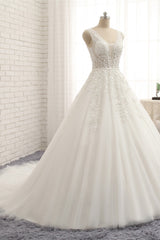 Gorgeous Straps Sleeveless White Wedding Dresses With Appliques A-line Tulle Ruffles Bridal Gowns Online-27dress