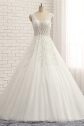 Gorgeous Straps Sleeveless White Wedding Dresses With Appliques A-line Tulle Ruffles Bridal Gowns Online-27dress
