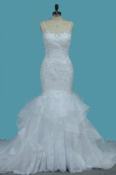Gorgeous Straps Sweetheart Mermaid Wedding Dress Tulle Lace Appliques Ruffles Bridal Gowns Online-27dress