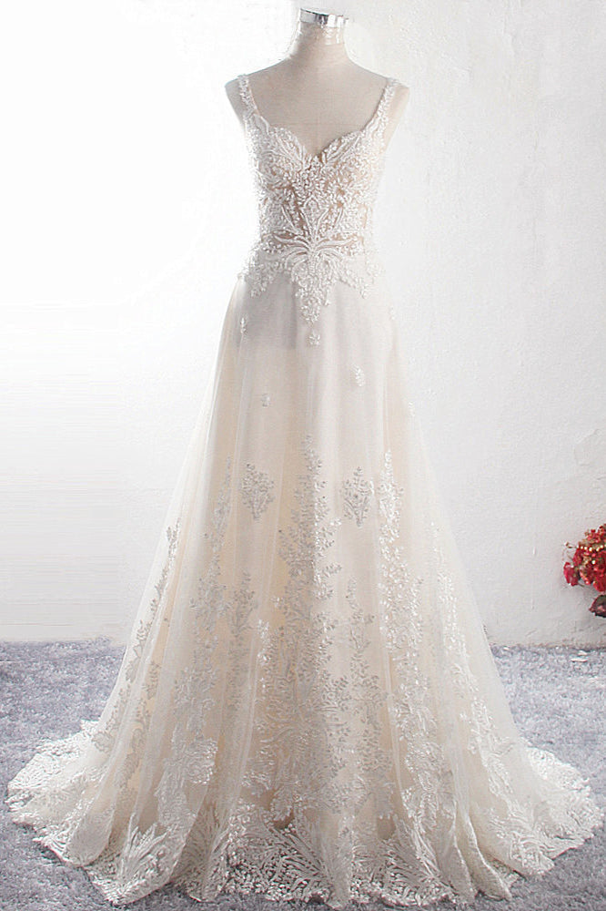 Gorgeous Straps Sweetheart Tulle Wedding Dress Sleeveless Sweetheart Appliques Bridal Gowns with Pearls Online-27dress