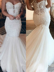 Gorgeous Sweetheart Lace Wedding Dress Mermaid Tulle Skirt-27dress