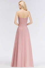 Gorgeous Sweetheart Ruched Long Bridesmaid Dress Dusty Rose Chiffon Strapless Maid of Honor Dress-27dress