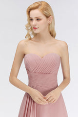 Gorgeous Sweetheart Ruched Long Bridesmaid Dress Dusty Rose Chiffon Strapless Maid of Honor Dress-27dress