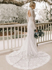 Gorgeous Trumpet/Mermaid High Neck Lace Sweep Train Wedding Dress