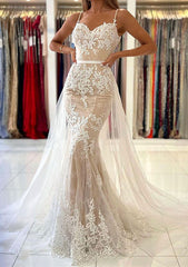Gorgeous Trumpet/Mermaid Lace Tulle Prom Dress With Spaghetti Straps and Waistband-27dress