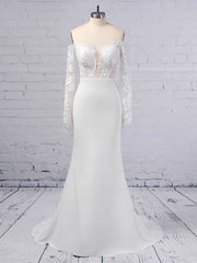 Gorgeous Trumpet/Mermaid Satin Chiffon Wedding Dress With Appliques Lace and Off-the-shoulder Sweep Train